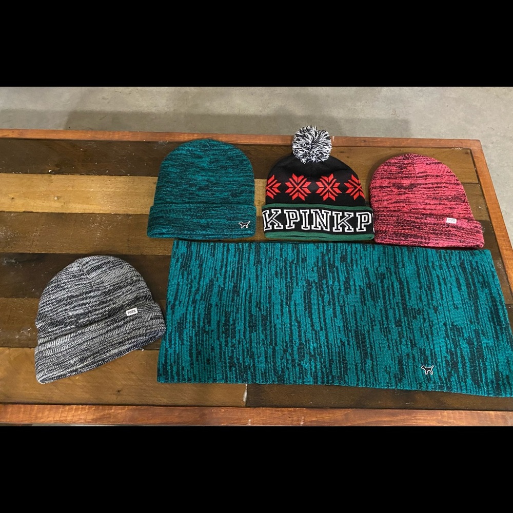 Pink Victoria’s Secret Winter Hats and a Scarf